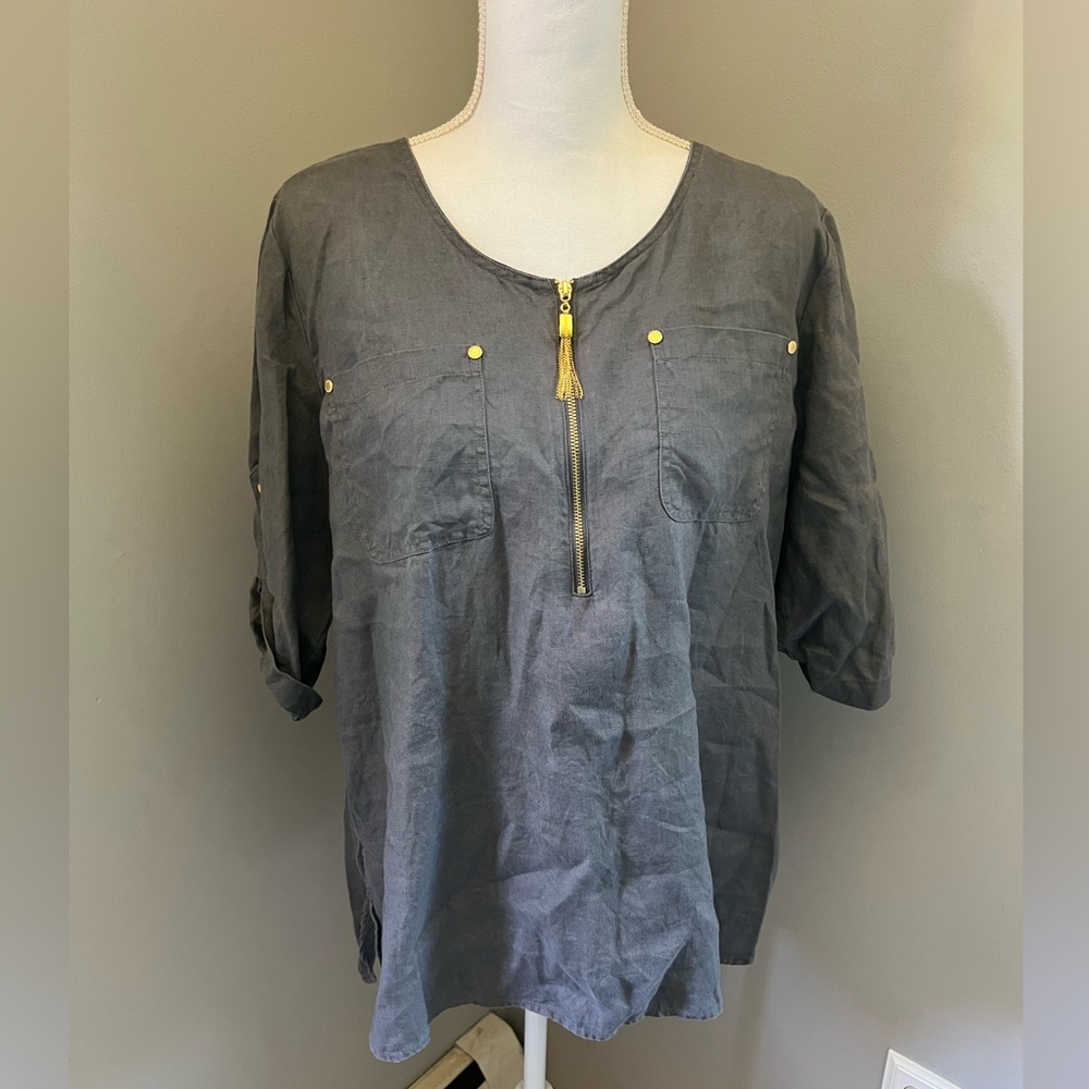 Ellen Tracy 100% Linen Gray with Gold Accent Quarter Zip Blouse Top